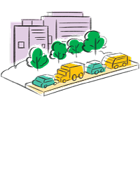 Sketch of traffic in front of buildings
